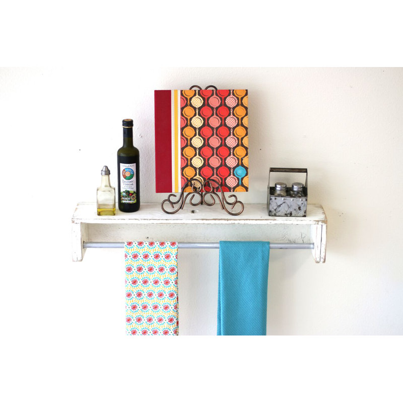 Mertens Pine Floating Shelf with Towel Bar, White