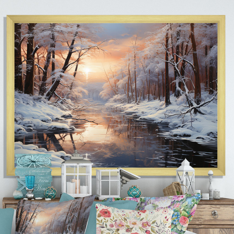 Frozen Wilderness Winter Landscape I - Art mural paysage d'hiver, H 16 po x l 32 po x P 1 po, Cadre doré à une seule photo
