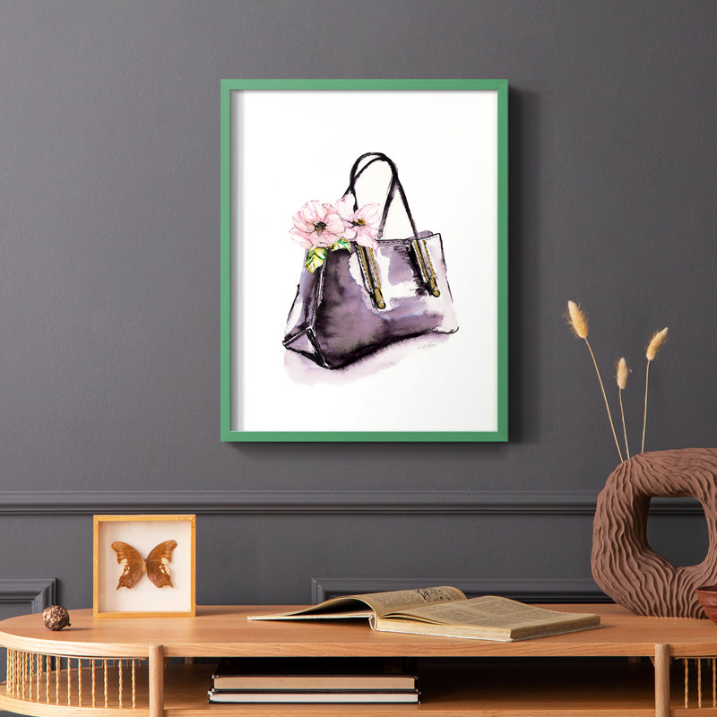 Handbag With Flower Framed Print - Solid Wood, Green, 10" H x 8" W