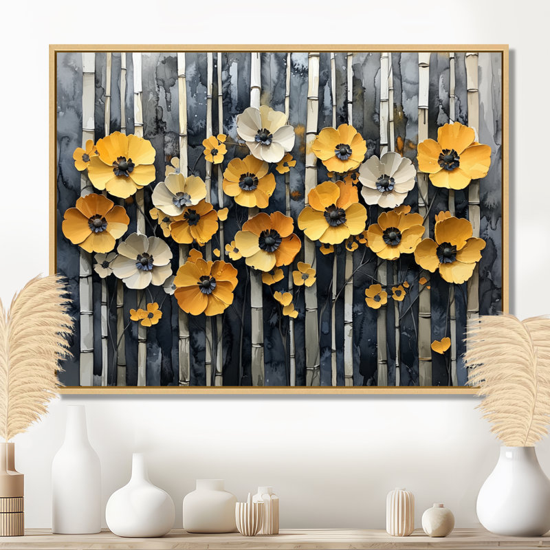 «Geometric Bambo Forest Horizon I», art mural en bambou pour le salon, H 34 po x l 44 po, Cadre flottant, Crème, crème