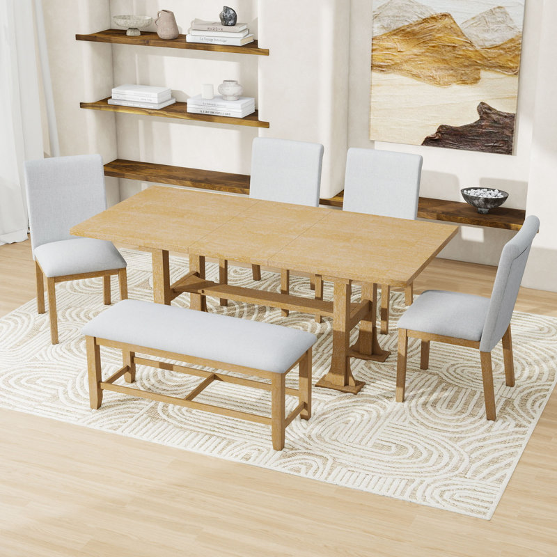 Emere 6-Piece Dining Set,Extendable Table, Upholstered Chairs and Bench, Natural, Natural, Natural