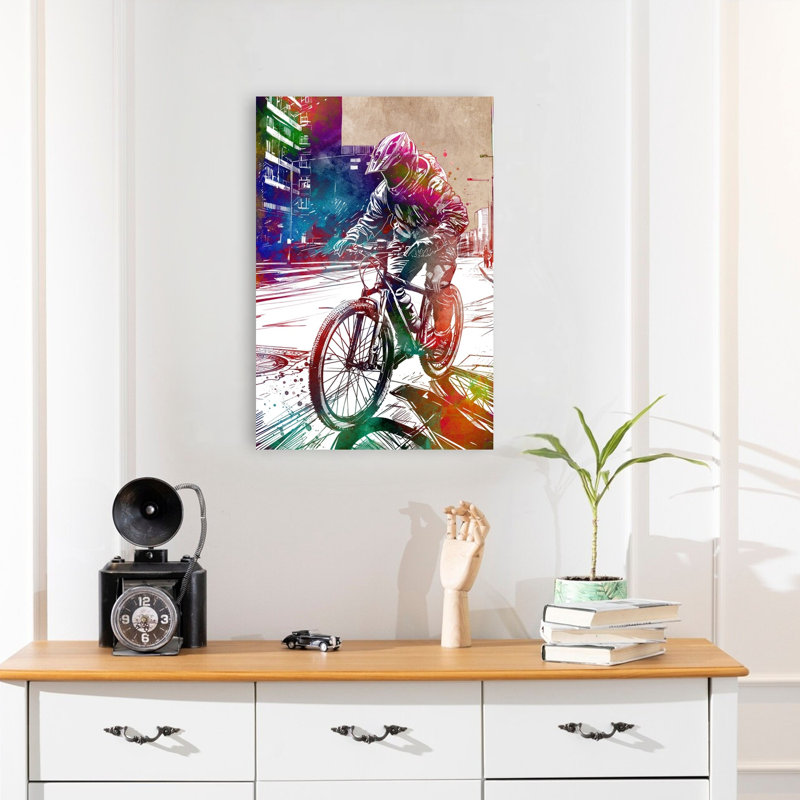 «Vibrant Street Biker Contemporary Architecture City», art mural, 24" H x 16" W