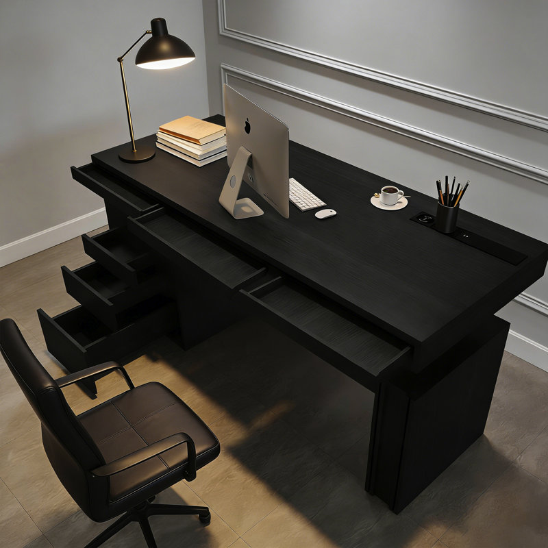 Bureau debout italien de luxe italien minimaliste, noir et brun, hauteur réglable avec rangement pour armoire et prise de courant intégrée, table d'étude pour bureau à domicile