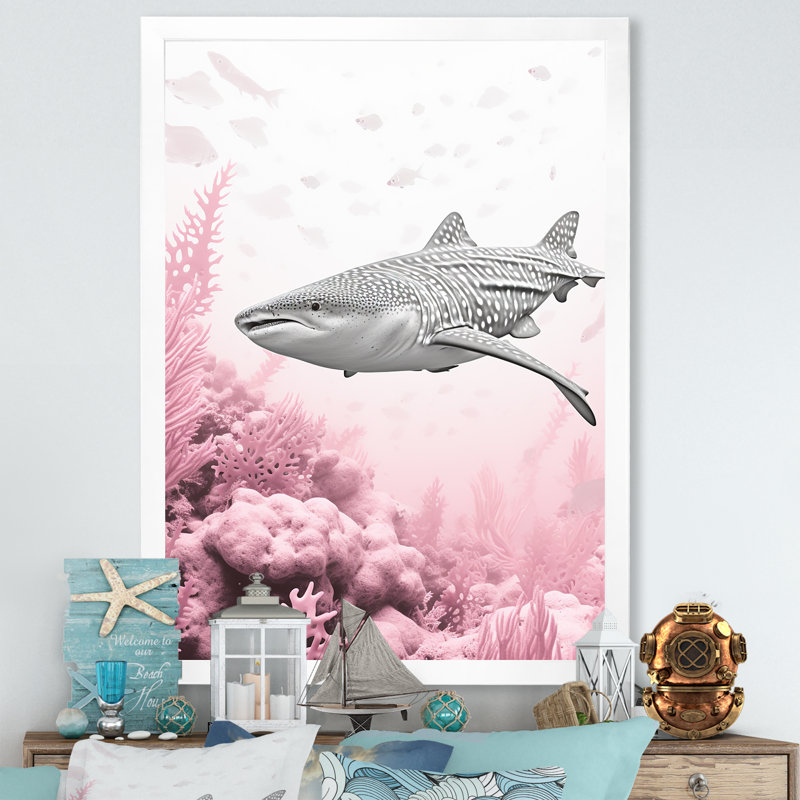 " Pink And Gray Shark Dance ", White Single Picture Framed, 44" H x 34" W x 1.5" D