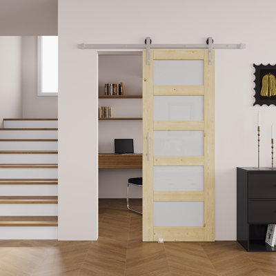 80"H x 30"W | 5-Lite Frosted Glass Pine Solid Wood Sliding Barn Door with Nickel-Plated Installation Hardware Kit (No Assembly Required)