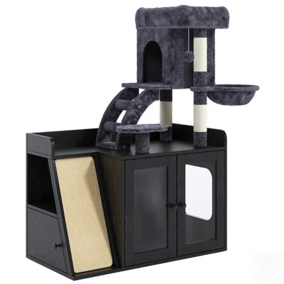 Litter Box Enclosure With Cat Tree, Hidden Litter Box, LED Light, Sisal Scratching Board, And Storage Space