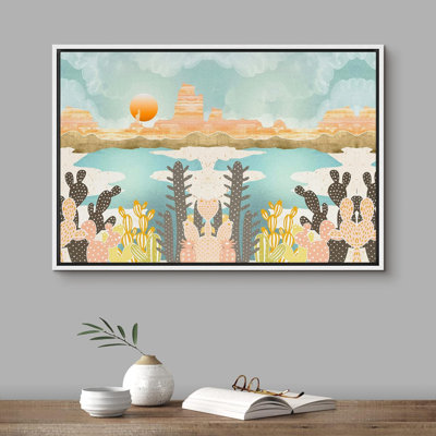 Sun Mountain Range, Canyon rose avec soleil orange et cactus, reproduction sur toile