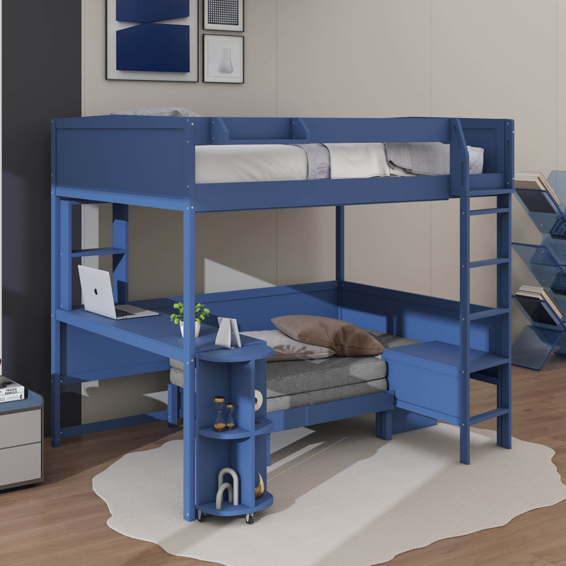 Lit mezzanine avec bureau extensible et lumières, structure de lit mezzanine en bois avec tablettes de rangement et canapé-lit pliable rembourré