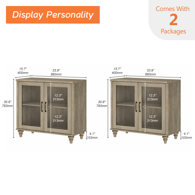 End Table For Bedroom Or Living Room With 4 Glass Doors, Mid Century Modern Wooden Closet Storage Organizer, Wash Gray