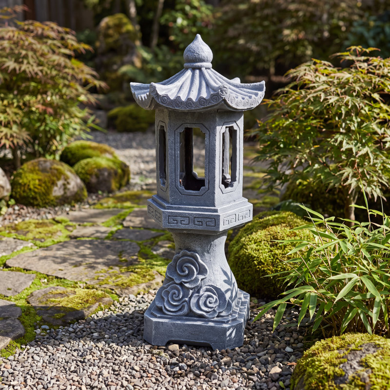 Lanterne solaire en pierre pour jardin, style pagode chinois, en résine, avec une douce lumière chaude, décoration pour allée extérieure, 32 cm