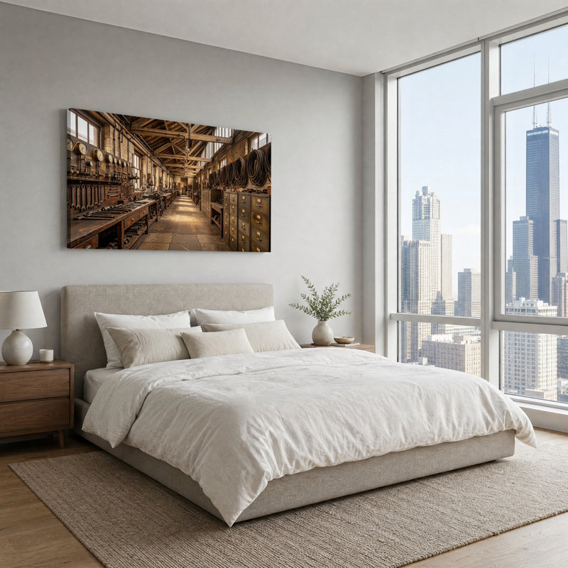 Art industriel sur toile avec jauges en laiton et poutres en bois, L 40 po x H 20 po