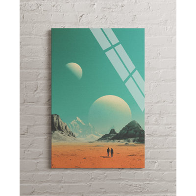 Vibrant Retro Sci-Fi Alien Planet Tempered Glass Wall Arts, Futuristic Space Landscape Desert Poster, Surreal Galaxy Aesthetic, Unique Modern Home Decor Gift