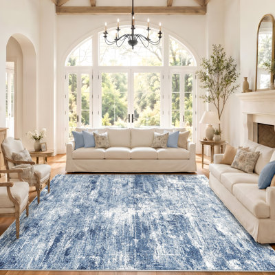 Washable Abstract Area Rug - Rugs for Living Room Large Non Slip Indoor Entryway Rubber Backing Carpet Bedroom Kitchen Distressed Stain Resistant Floor Decor Mat Machine Washable Blue