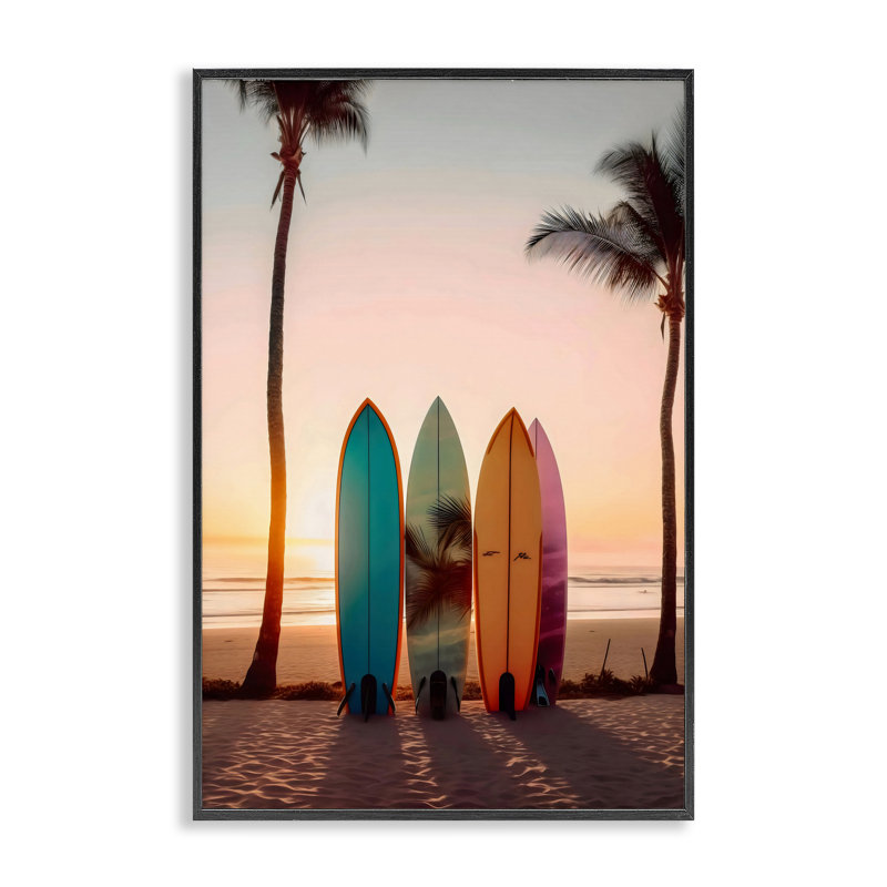Quatre planches de surf au coucher du soleil, estampe numérique, design par LSR Design Studio, H 18 po x l 12 po