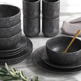 Stone Lain Grao Stoneware 16-Piece Dinnerware Set, Grey