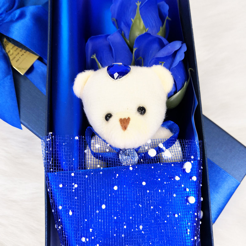 Bouquet de fleurs, boîte de 3 roses parfumées et savon avec un ours en peluche, fête des Mères, Bleu royal