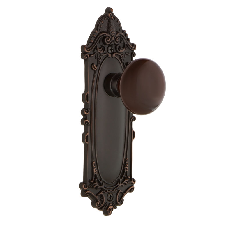 Plaque victorienne avec bouton de porte en porcelaine brune, Bronze intemporel