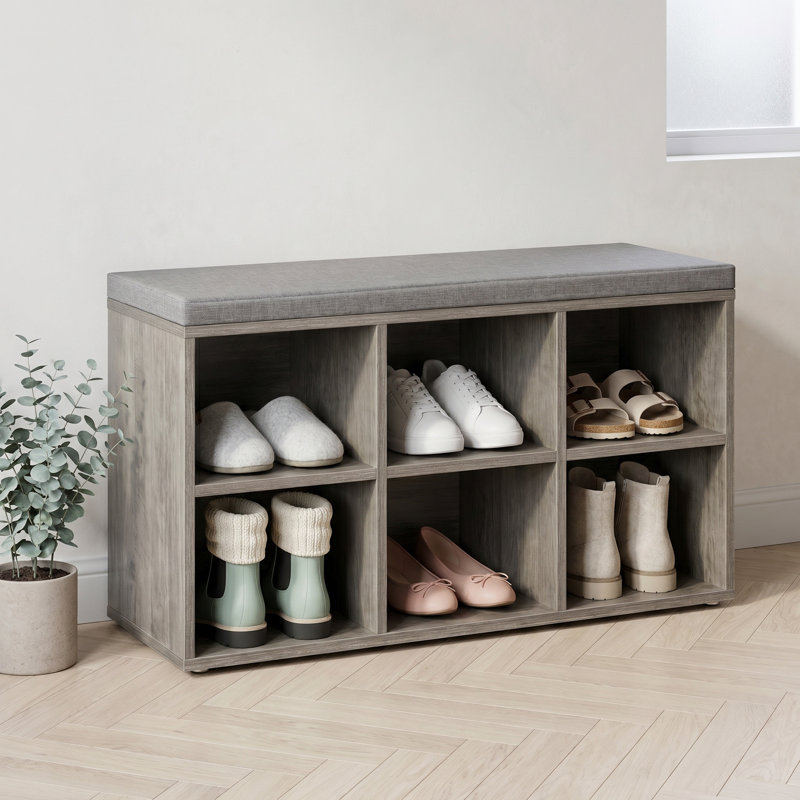 Shoe Bench With Cushion - Shoe Storage Bench With 6 Compartments And 3 Adjustable Shelves, Padded Entryway Bench For Bedroom, Closet, And Living Room, Greige