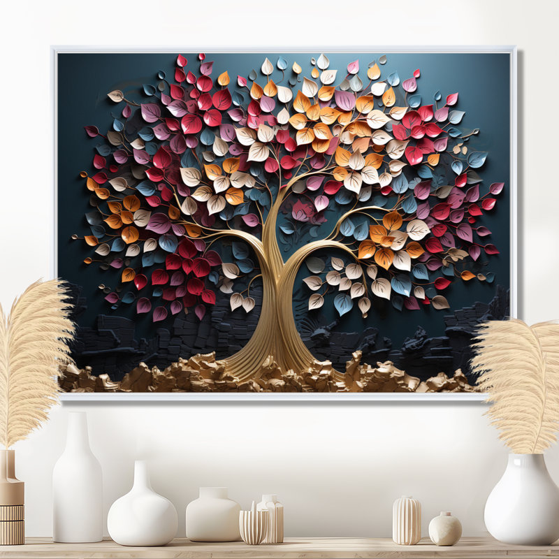 Arbre doré rose et bleu sur fond bleu - Art mural arbre, H 16 po x l 32 po x P 1 po, Cadre flottant blanc