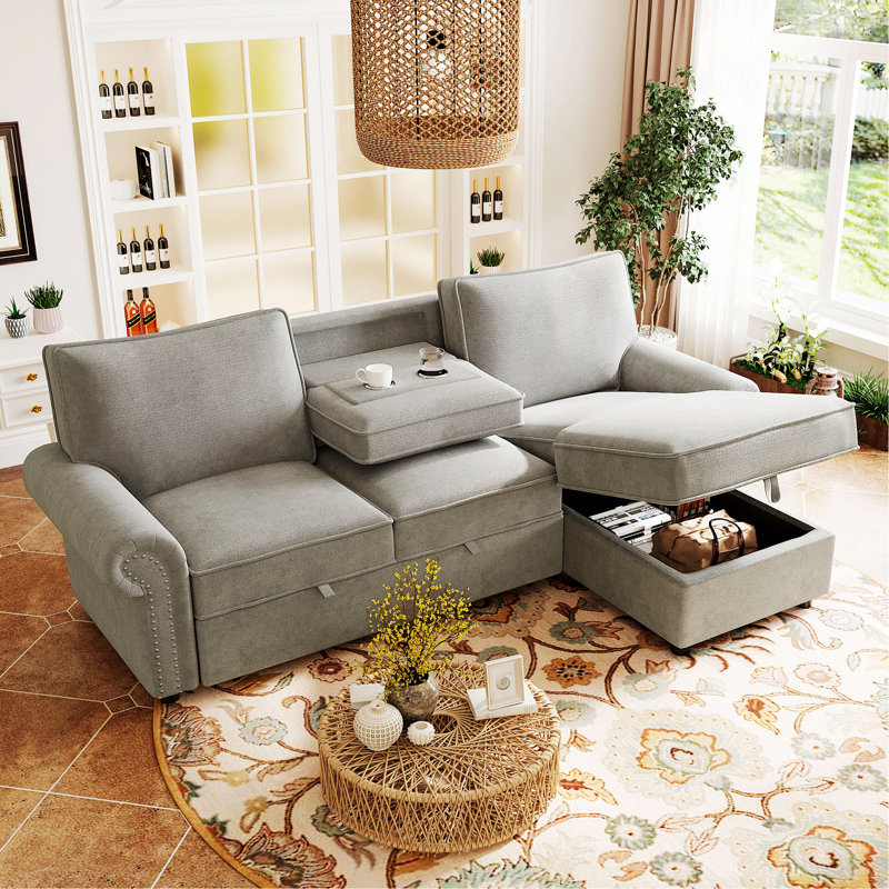 Convertible Sectional Sleeper Sofa With Storage, Cup Holders, And Arc Armrests