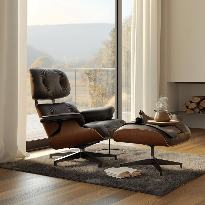 Top Grain Leather Swivel Lounge Chair And Ottoman With Armrest, Black Top Grain Leather, Brown Walnut