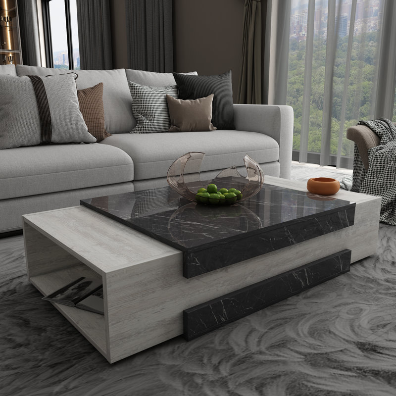 Table basse avec rangement Kibo, Marbre noir, Cristal