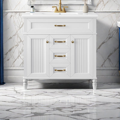 Meuble-lavabo 36 po avec lavabo, meuble autoportant vert avec cuve en céramique, cadre en bois aggloméré et en bois massif, tiroir supérieur rabattable