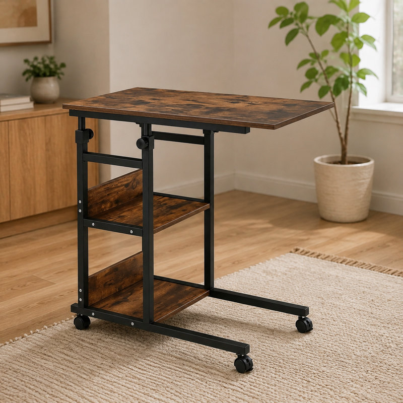 Table basse roulante à hauteur réglable avec étagères, fini brun