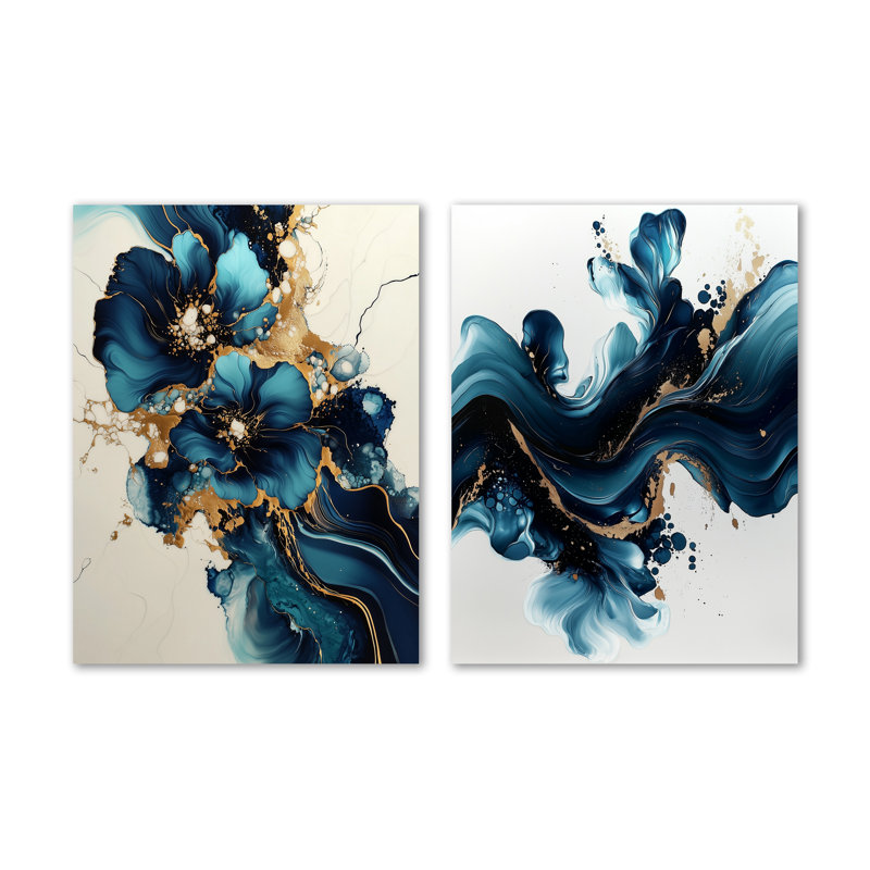 Arc-en-ciel doré de l'encre liquide II - ensemble de 2 impressions murales abstraites en métal bleu, 32" H x 48" W
