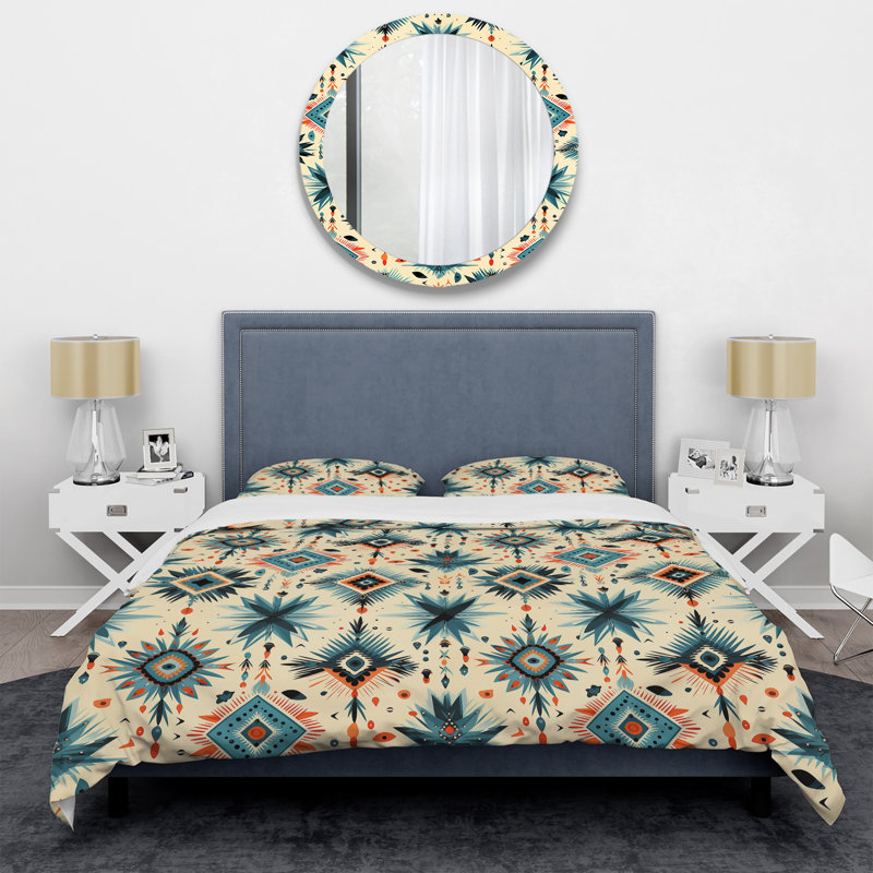 Ensemble de housse de couette en microfibre bleu / beige Nomadic Treasures, Housse de couette pour très grand lit et 2 très