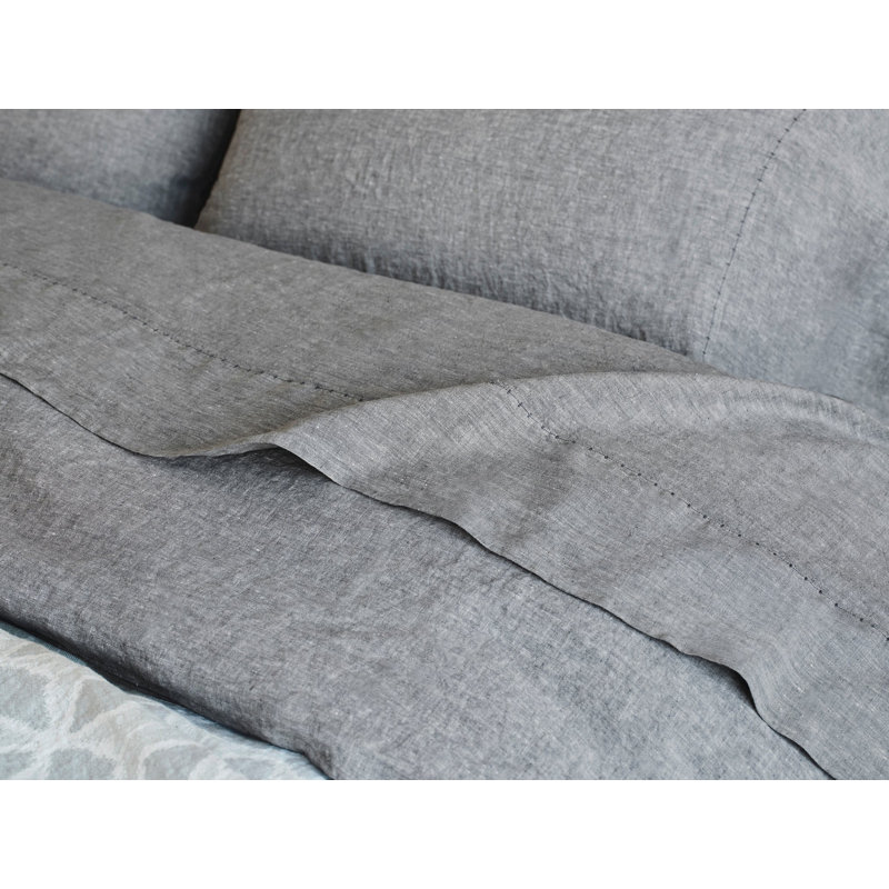 Organic Relaxed Belgian Flax Linen Standard Sheet Set, Queen Sheet Set with 2 Pillowcases, Slate Chambray