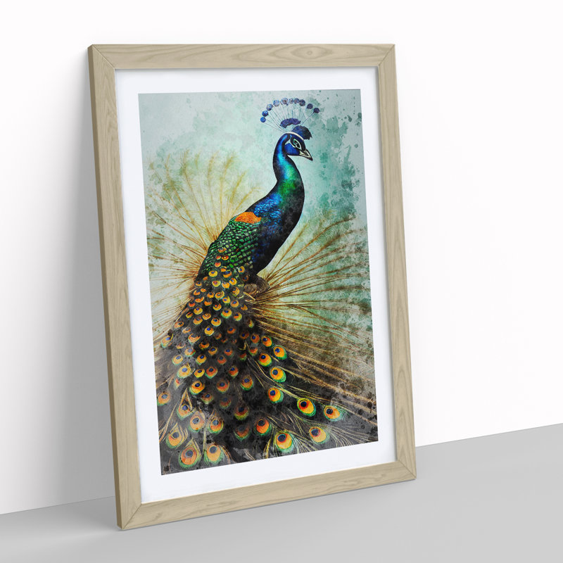 Peacock No.2 - Single Picture Frame Painting, 34cm H x 25cm W x 2cm D, Oak Framed