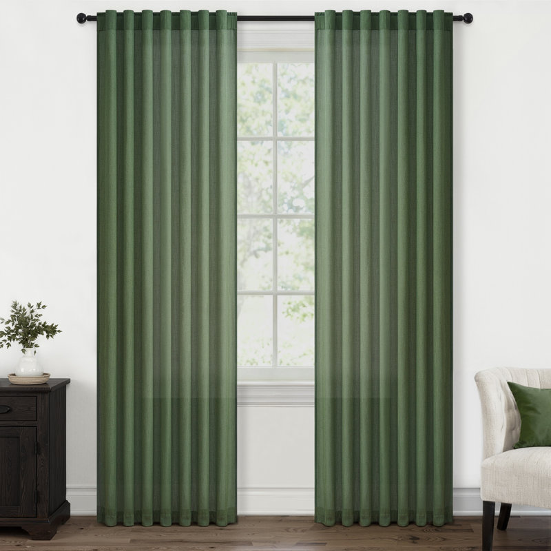 Rideau en lin avec passe-tringle Dennan, rideaux semi-transparents en lin pour la chambre à coucher, Vert olive