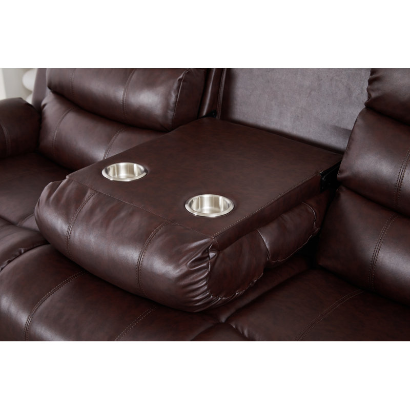 Ensemble de salon 3 pièces inclinable en faux cuir avec porte-gobelet, DEL et console, Brun