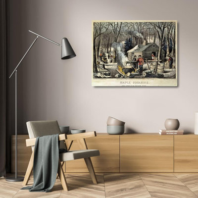  Currier and Ives Gallery Wrapped Canvas Art Titled: Maple Sugaring - Early Spring In The Northern Woods