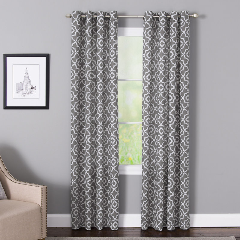 Ralon Polyester / Linen Light-Filtering Geometric Print Curtain Panel with Grommet Top, 50" x 63", Charcoal/Cream