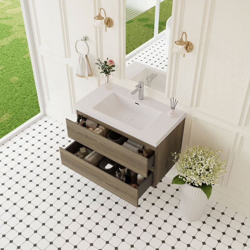 Meuble-lavabo flottant de 36 po avec lavabo, armoire de rangement murale avec lavabo à surface solide et tiroirs à fermeture en douceur entièrement assemblés