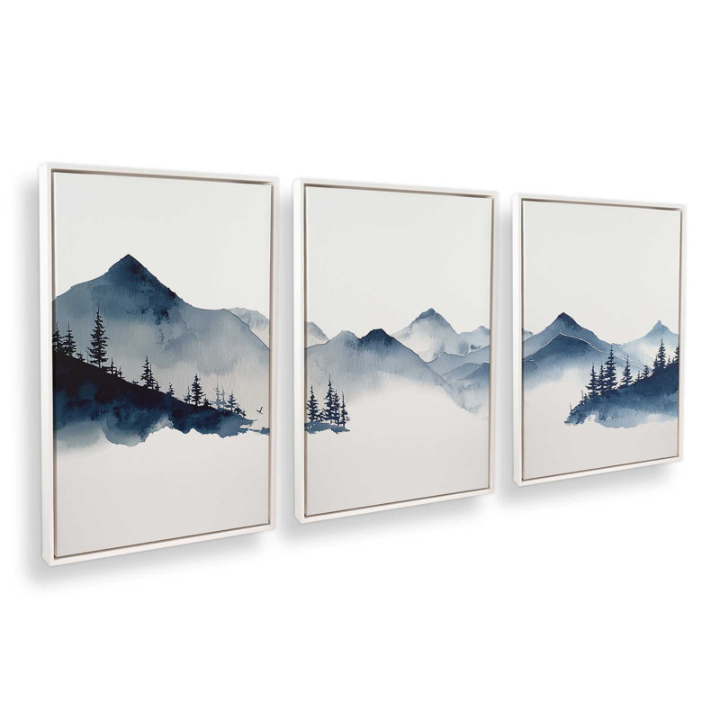 Ensemble de 3 impressions Misty Indigo Peaks, 48 po x 32 po, Cadre flottant blanc opaque