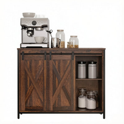 Buffet rustique de style ferme avec portes coulissantes de style grange et trois tiroirs, meuble de rangement indépendant pour coin café avec étagères réglables et structure en acier, idéal pour la salle à manger et la cuisine.