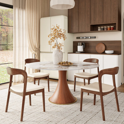 Stone Round Dining Table Set With 2/4/6 Premium Solid Wood Leather Dining Chairs