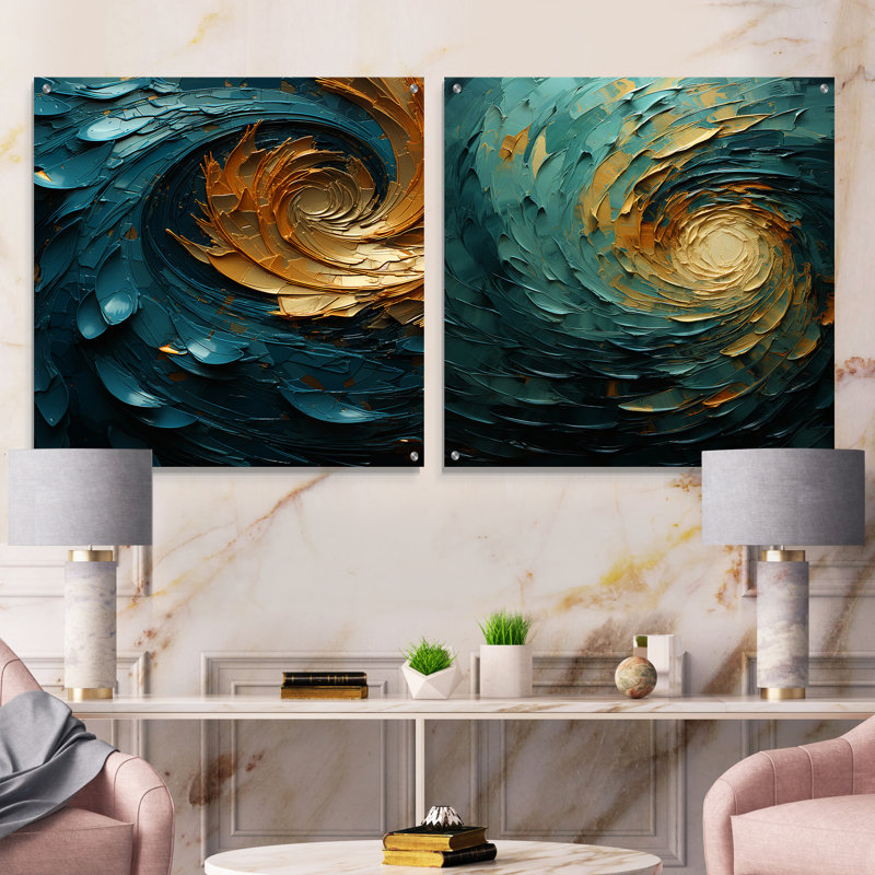 Majestic Motion Teal Spiral - Ensemble de 2 peintures murales abstraites en acrylique, H 36 po x l 73 po