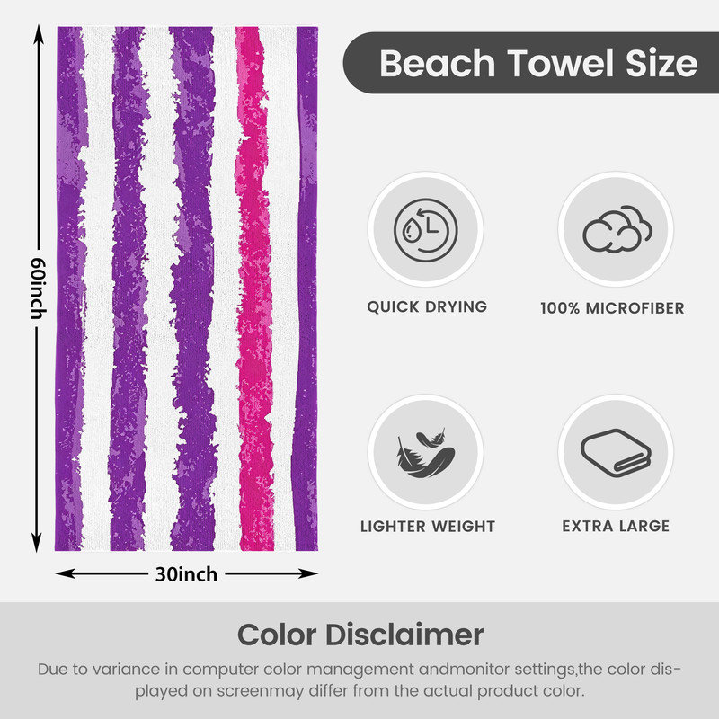 Serviette de plage légère en microfibre JYK, 30 pi x 60 po, rayure mauve rose, Rayures grises, mauves et roses