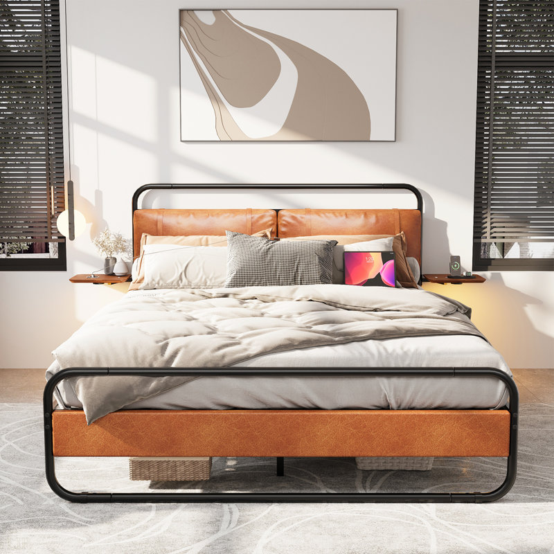 Cadre de lit en métal avec tête de lit tapissier, avec chargement sans fil et USB A et USB C, lumière DEL tactile, lit plateforme ovale avec rangement sous le lit, aucun sommier nécessaire, cadre de lit