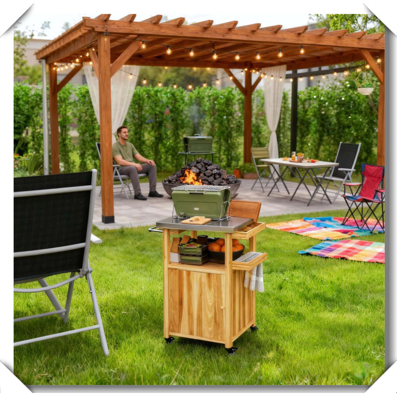 Wood Outdoor Kitchen Island Multi Use Grill Cart, Natural Wood