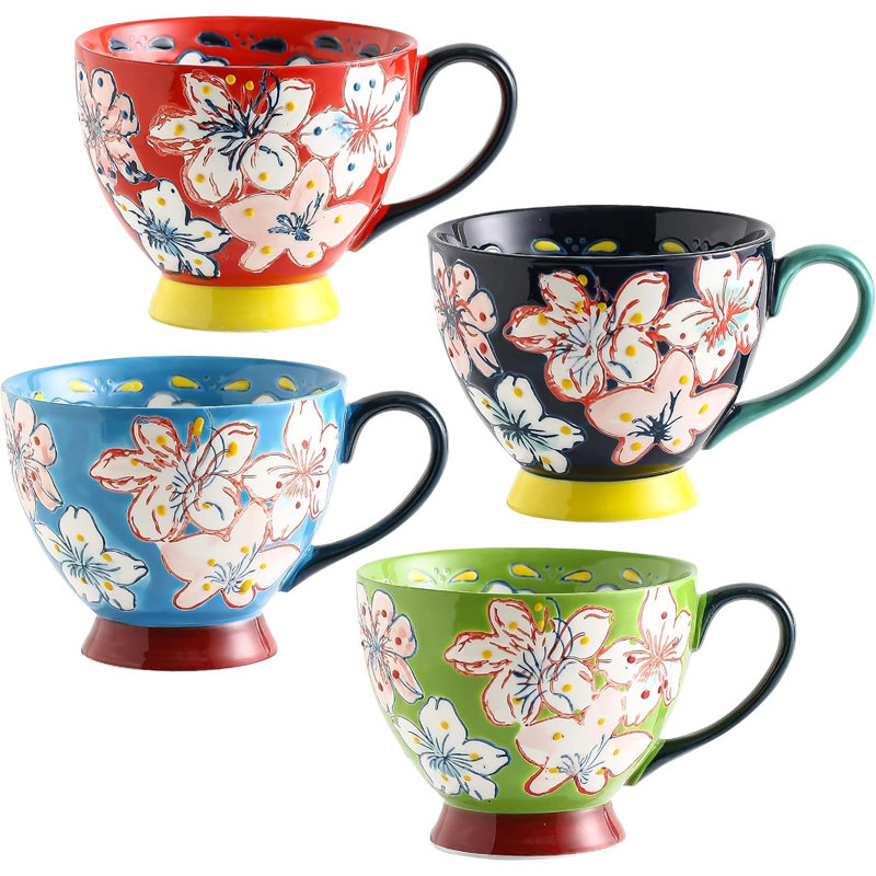 Sets of 4 12 oz Floral Cute Coffee Mugs, Blue/Black/Green