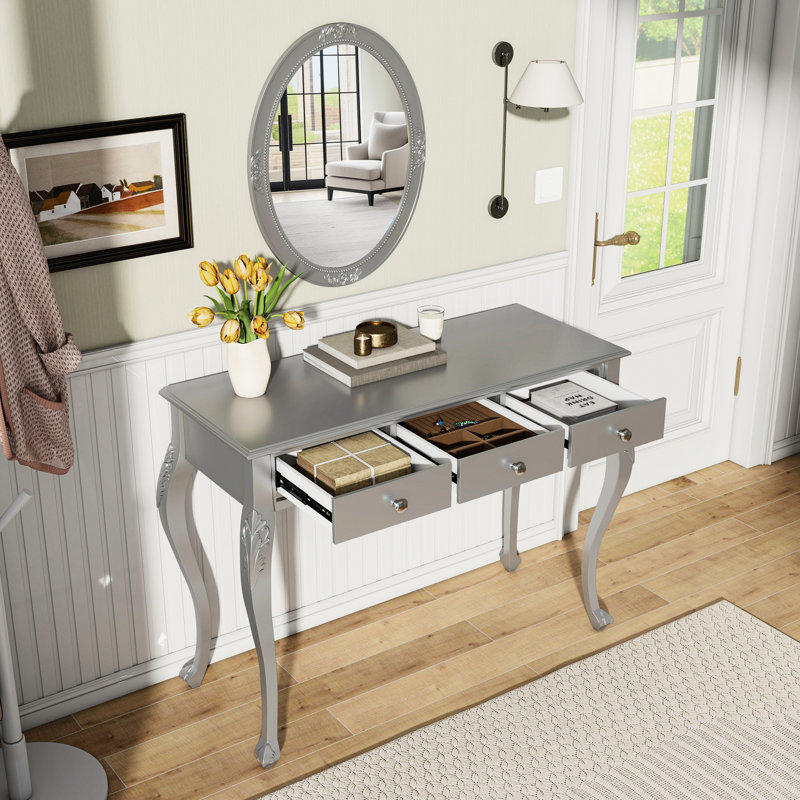Stylish Oval Mirror Silver Dressing Table With 3 Drawers For Jewelry And Cosmetics, Velvet Tray, High - Quality Metal Rails, Solid Wood Legs,  Home Decor Luxury Makeup Vanity Desk Unique