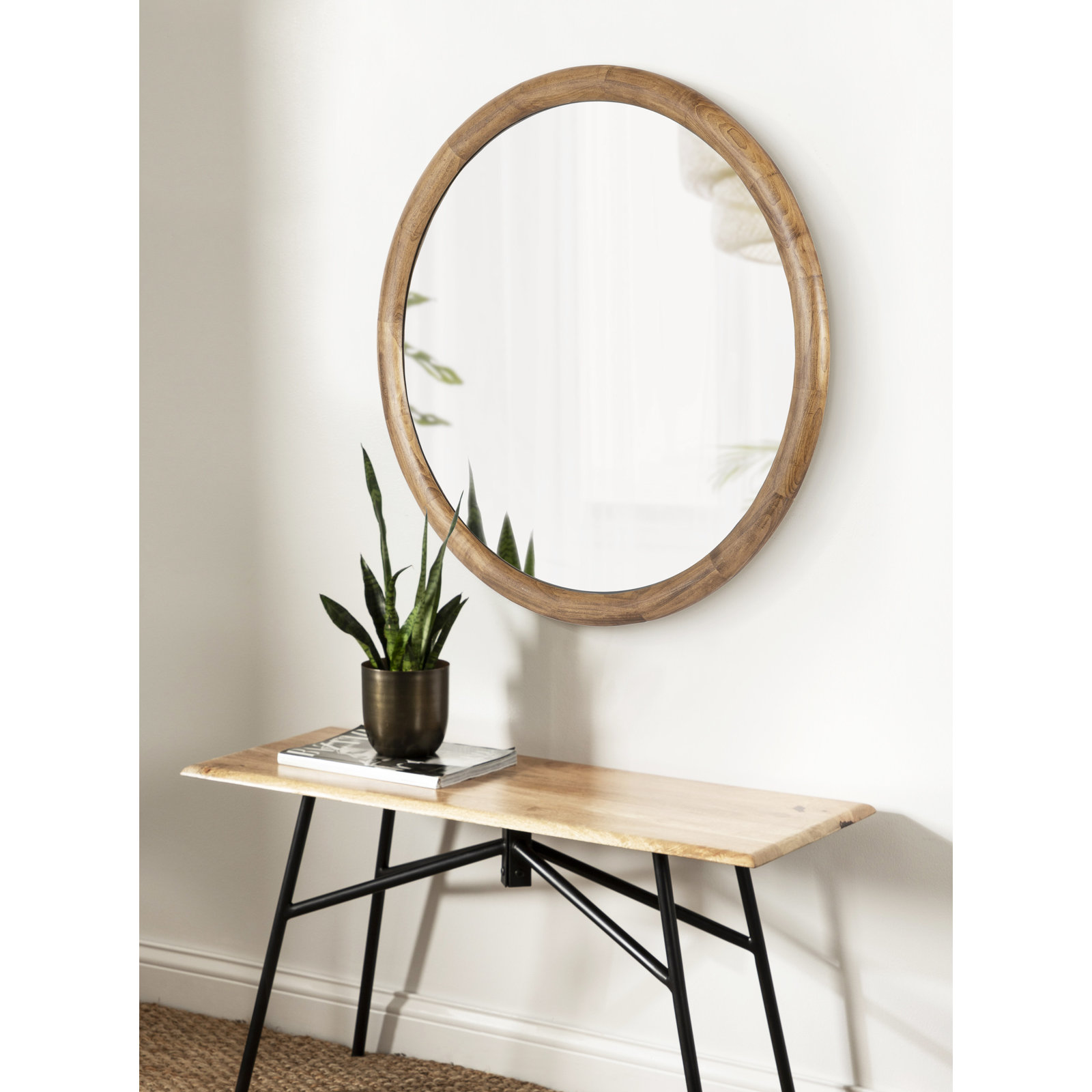 Breezewood Wooden Round Bathroom Wall Mirror, Rustic Brown