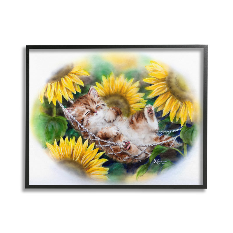 Chaton endormi avec des tournesols, art de la giclée encadrée par Kayomi Harai, Giclée encadrée noir minuit