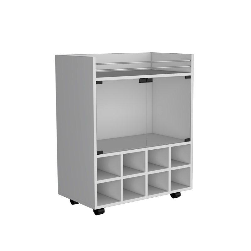 Chariot-bar St Andrews avec support intégré pour 8 bouteilles, armoire à double porte vitrée et surface supérieure bordée d'aluminium