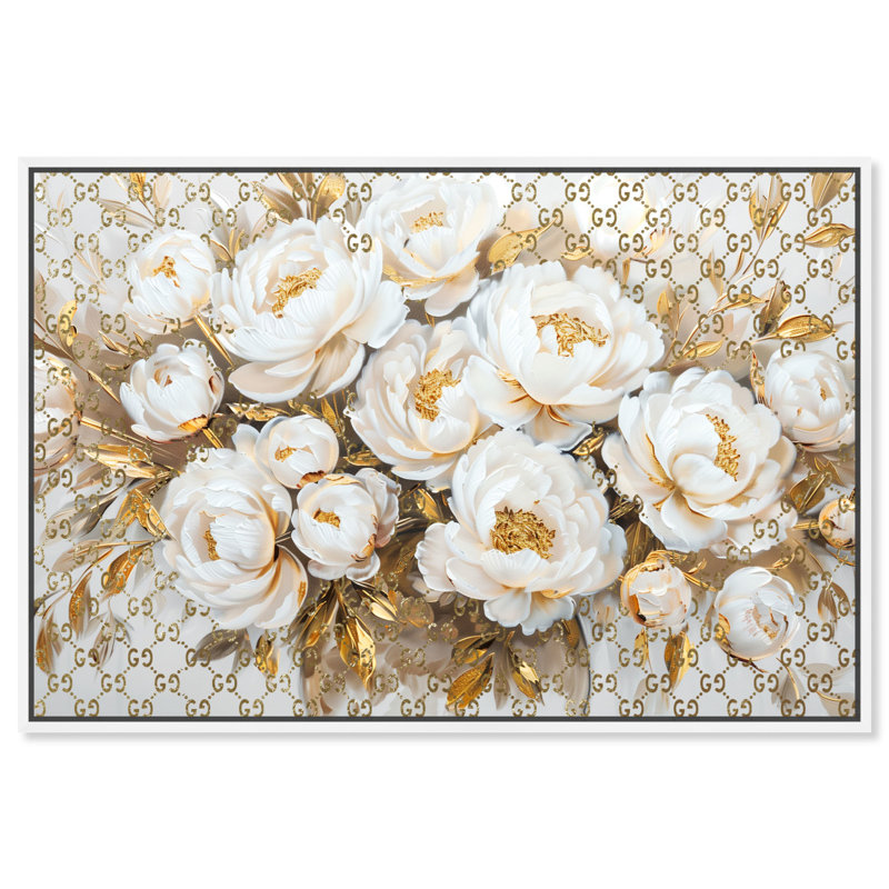 Art floral sur toile avec arrangement royal doré, Cadre blanc, H 37 po x l 55 po